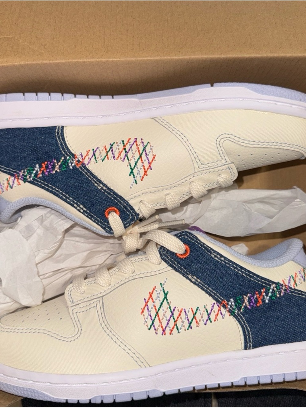 Nike Kids Cream & Denim Low-Top Sneakers with Multicolor Stitching